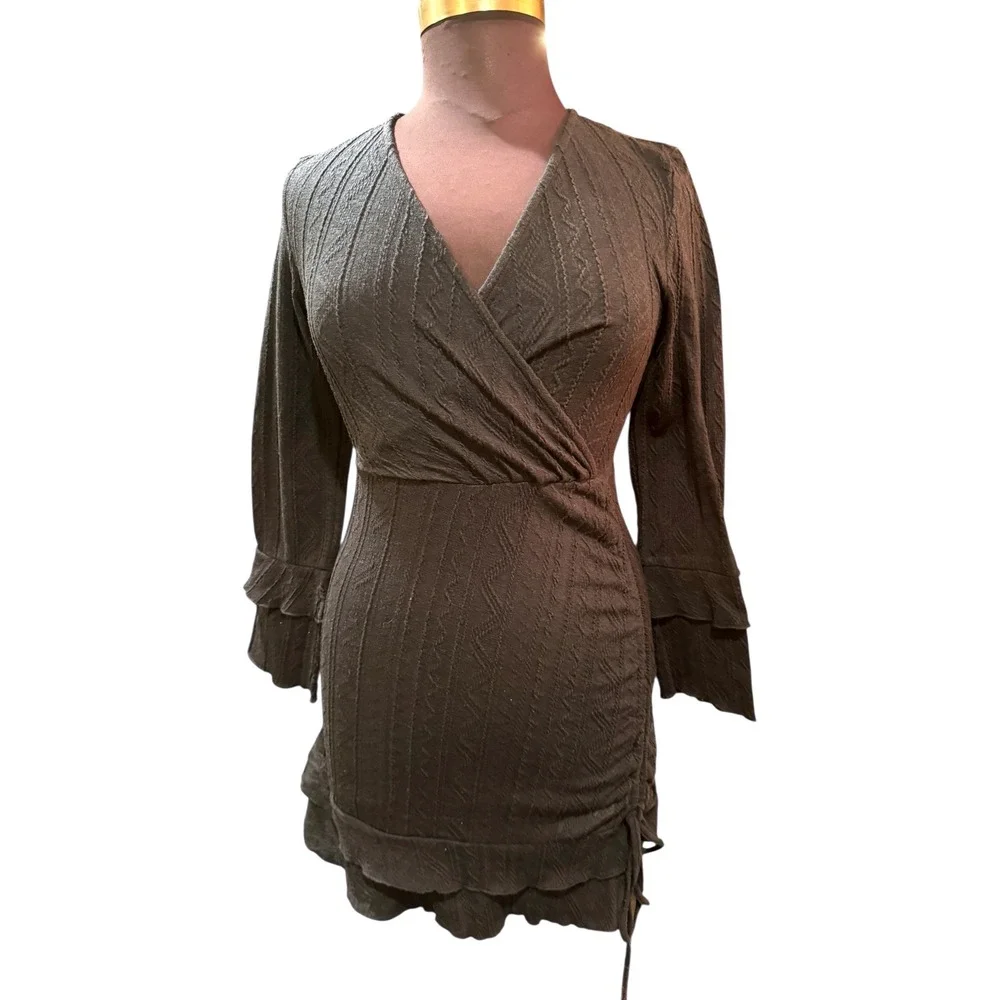 Cider‎ Woven Solid V-Neck Ruched Drawstring Navy Blue  Dress L Grunge Fairycore